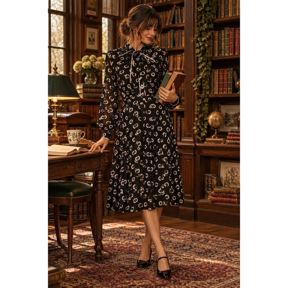ModCloth Just My Typist Pleated Shirt Dress Black White Retro Vintage Large NWOT